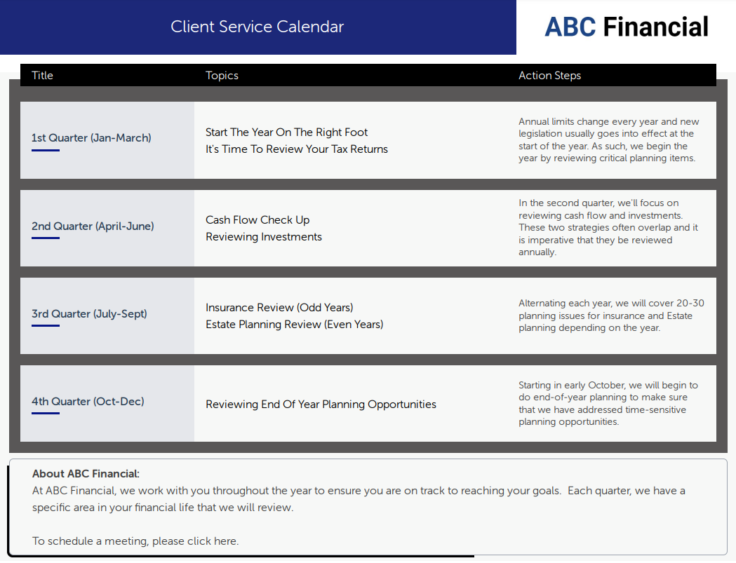 Quarterly Client Service Calendar Template 2023